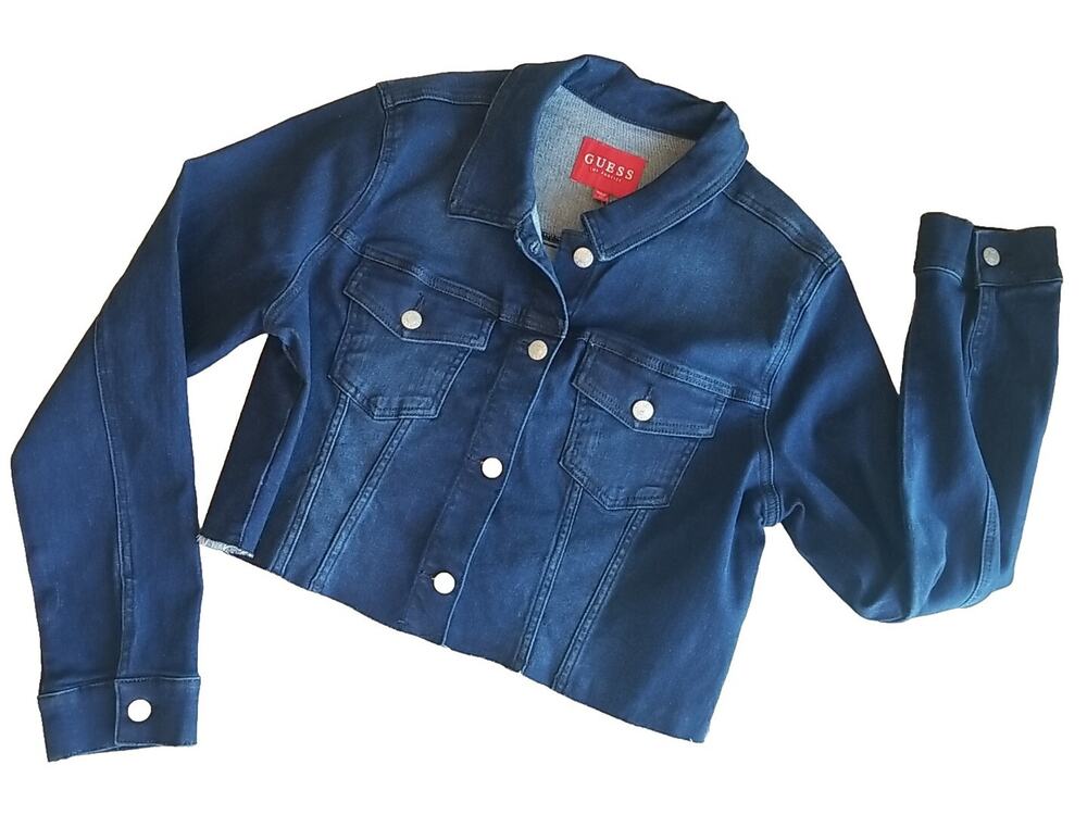 GUESS Martha Cropped Denim Jacket Women’s XL Dark Wash Y2K Frayed Hem NWT